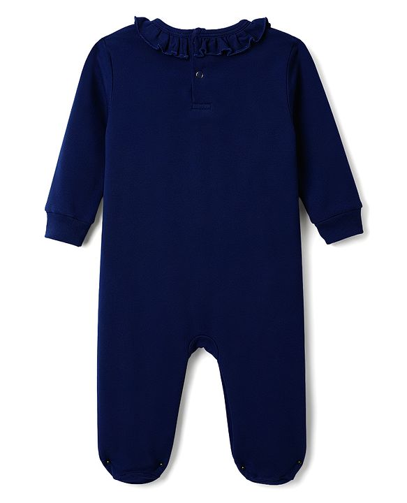 Babyhug 100% Cotton Knit Full Sleeves Footed Sleep Suit Floral Embroidery With Frill Detailing - Navy Blue