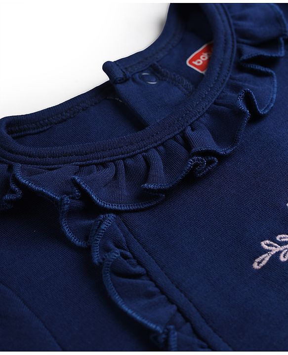 Babyhug 100% Cotton Knit Full Sleeves Footed Sleep Suit Floral Embroidery With Frill Detailing - Navy Blue