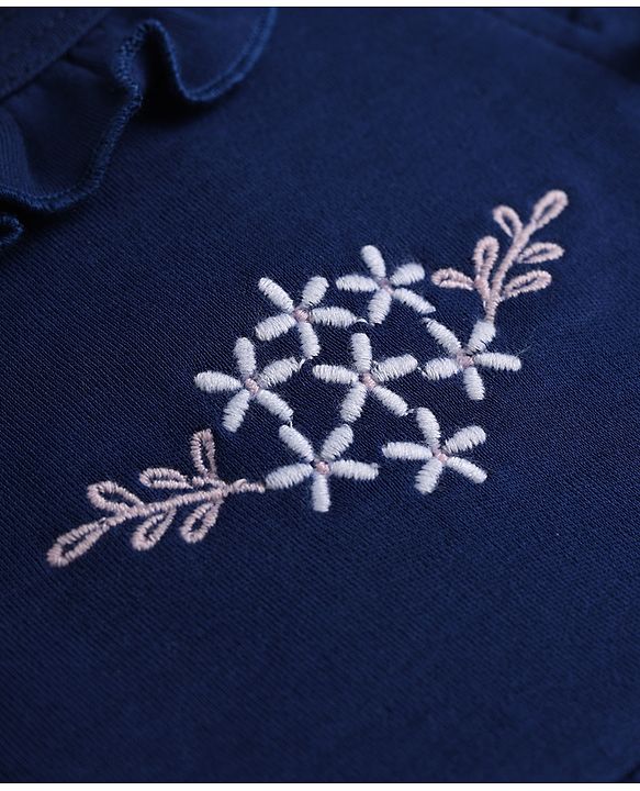 Babyhug 100% Cotton Knit Full Sleeves Footed Sleep Suit Floral Embroidery With Frill Detailing - Navy Blue