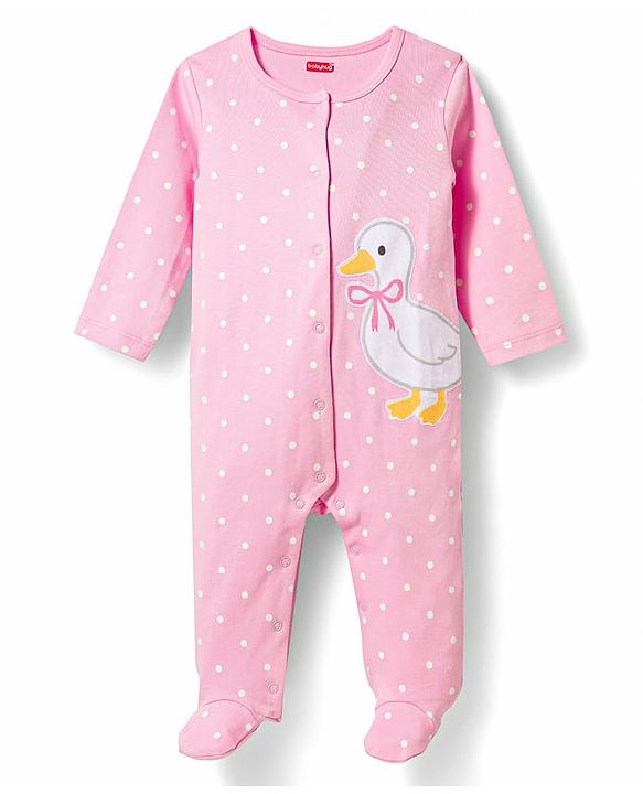 Babyhug Cotton Knit Full Sleeves Footed Sleepsuit with Duck & Polka Dot Print - Pink