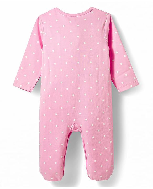 Babyhug Cotton Knit Full Sleeves Footed Sleepsuit with Duck & Polka Dot Print - Pink