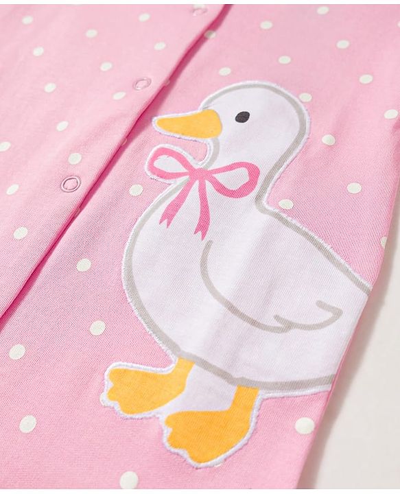 Babyhug Cotton Knit Full Sleeves Footed Sleepsuit with Duck & Polka Dot Print - Pink