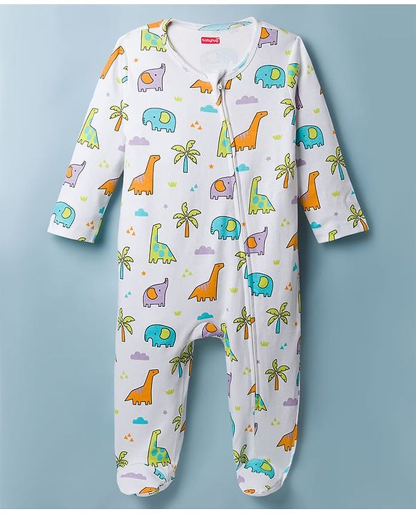 Babyhug Cotton Knit Full Sleeves Footed Sleepsuit with Jungle Theme Print - Multicolour