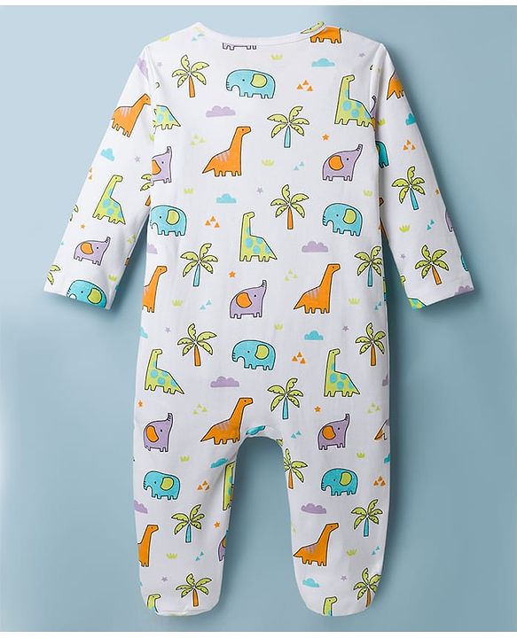 Babyhug Cotton Knit Full Sleeves Footed Sleepsuit with Jungle Theme Print - Multicolour