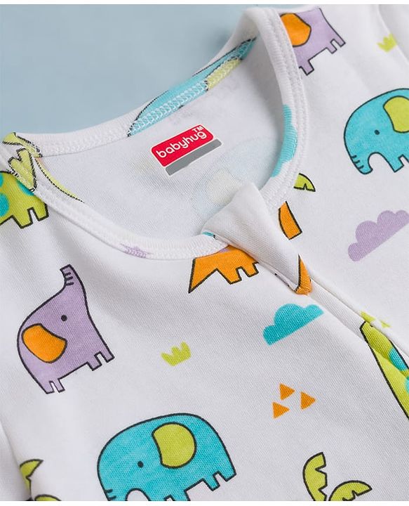 Babyhug Cotton Knit Full Sleeves Footed Sleepsuit with Jungle Theme Print - Multicolour