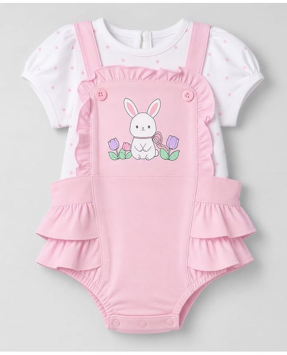 Babyhug 100% Cotton Interlock Knit Half Sleeves Bunny Print Onesie With Polka Dot Printed Tee - Light Pink
