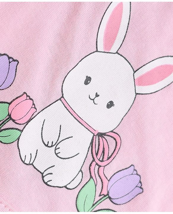 Babyhug 100% Cotton Interlock Knit Half Sleeves Bunny Print Onesie With Polka Dot Printed Tee - Light Pink