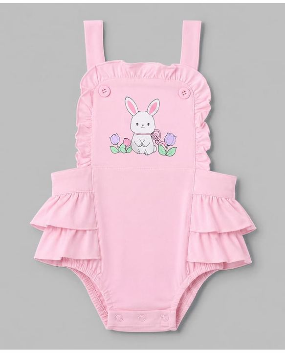 Babyhug 100% Cotton Interlock Knit Half Sleeves Bunny Print Onesie With Polka Dot Printed Tee - Light Pink