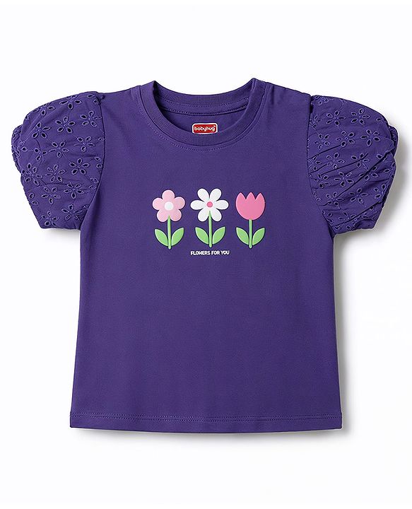 Babyhug 100% Cotton Knit Half Sleeves T-Shirt With Floral Print - Purple