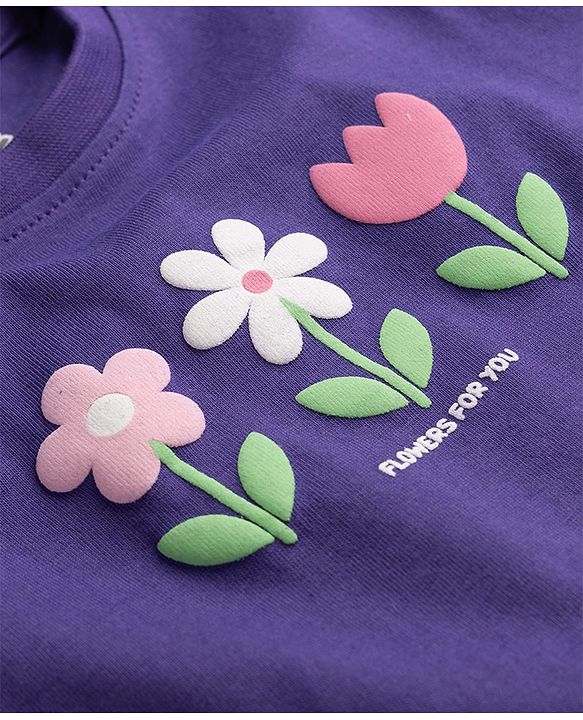 Babyhug 100% Cotton Knit Half Sleeves T-Shirt With Floral Print - Purple