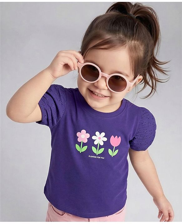 Babyhug 100% Cotton Knit Half Sleeves T-Shirt With Floral Print - Purple