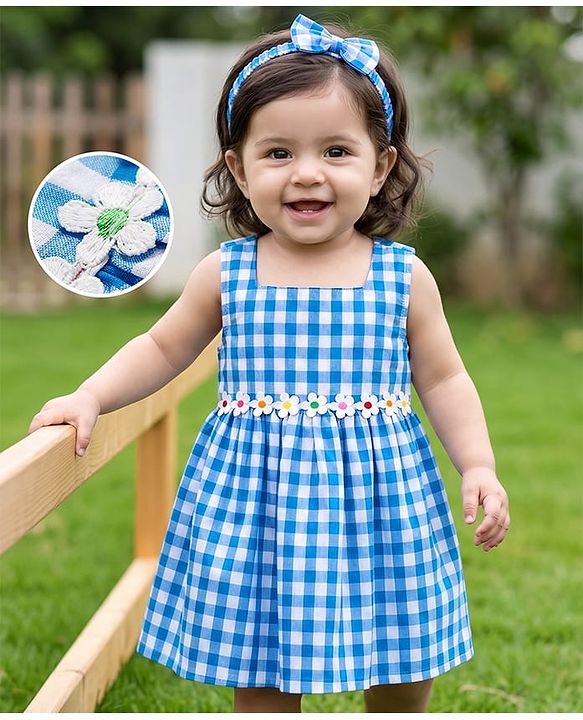 Babyhug Cotton Woven Sleeveless Checked Frock with Floral Empire Line & Headband - Blue
