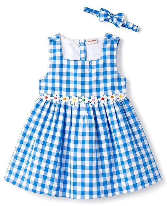 Babyhug Cotton Woven Sleeveless Checked Frock with Floral Empire Line & Headband - Blue