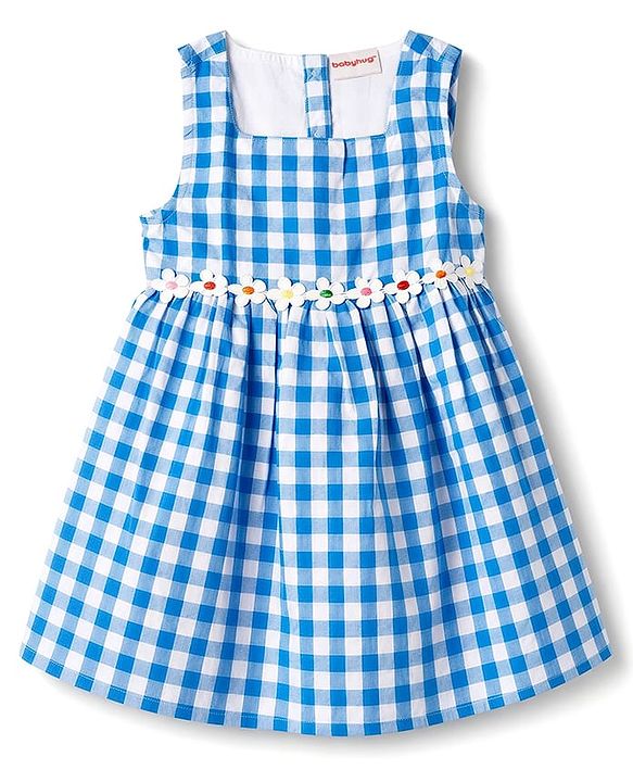 Babyhug Cotton Woven Sleeveless Checked Frock with Floral Empire Line & Headband - Blue