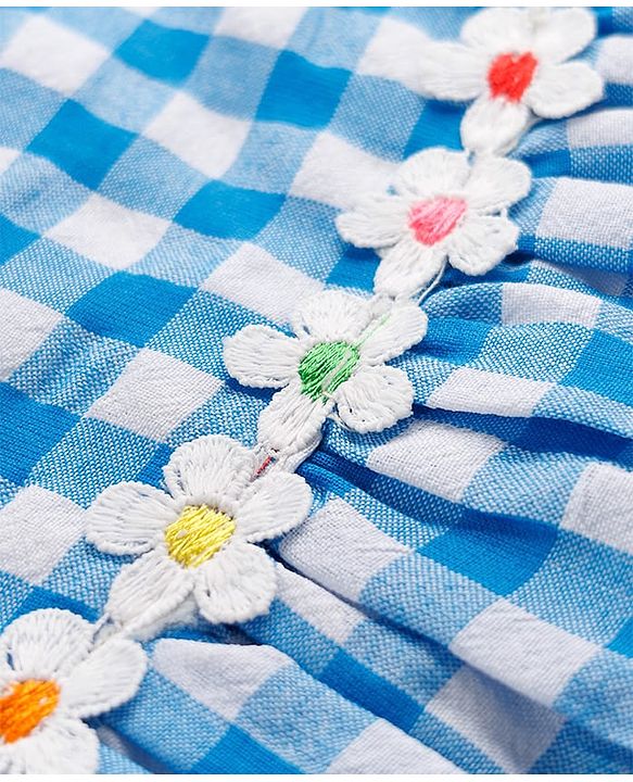 Babyhug Cotton Woven Sleeveless Checked Frock with Floral Empire Line & Headband - Blue