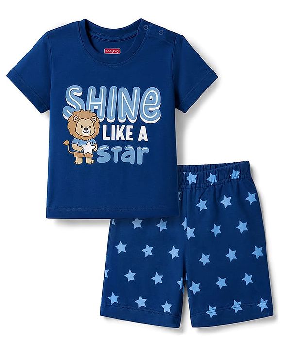 Babyhug 100% Cotton Knit Half Sleeves Lion & Star Printed T-Shirt & Shorts Night Suit - Navy Blue