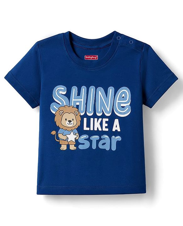 Babyhug 100% Cotton Knit Half Sleeves Lion & Star Printed T-Shirt & Shorts Night Suit - Navy Blue