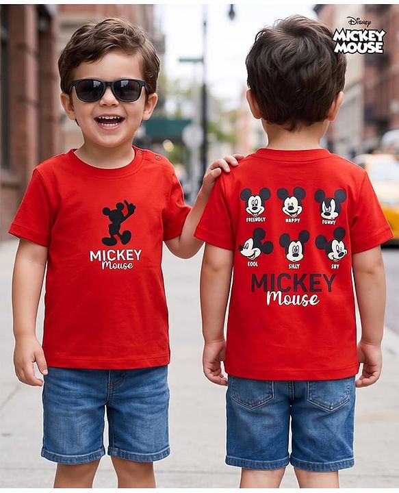 Babyhug Disney Single Jersey Knit Half Sleeves T-Shirt with Front & Back Mickey Mouse Graphics - Red