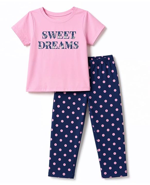 Pine Kids Cotton Knit Half Sleeves Text Printed T-Shirt & Pajama Night Suit - Pink & Navy