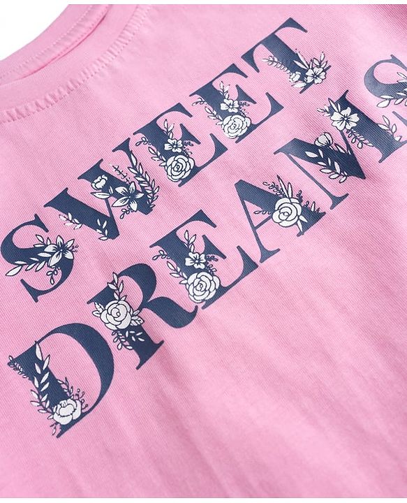 Pine Kids Cotton Knit Half Sleeves Text Printed T-Shirt & Pajama Night Suit - Pink & Navy