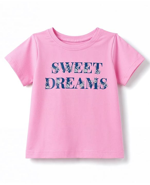 Pine Kids Cotton Knit Half Sleeves Text Printed T-Shirt & Pajama Night Suit - Pink & Navy