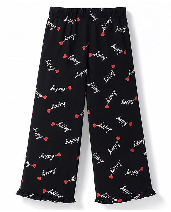Pine Kids Cotton Knit Half Sleeves Text Printed T-Shirt & Pajama Night Suit - Black