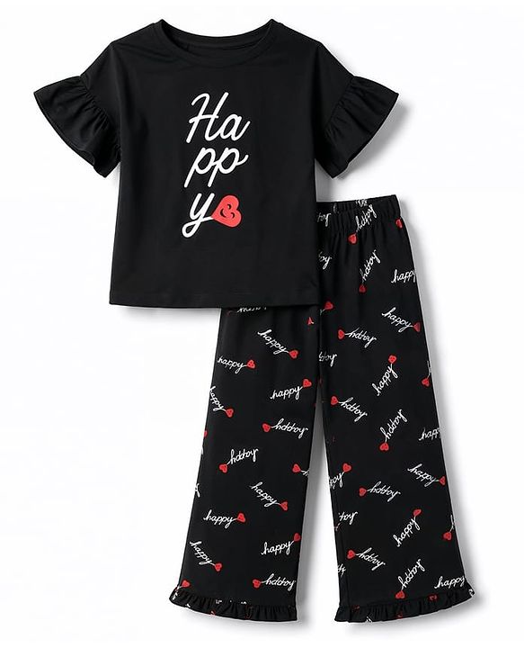 Pine Kids Cotton Knit Half Sleeves Text Printed T-Shirt & Pajama Night Suit - Black