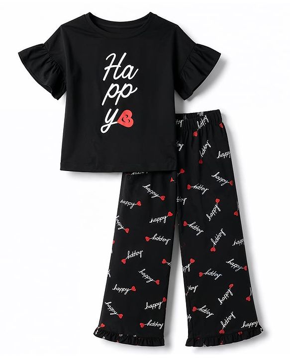 Pine Kids Cotton Knit Half Sleeves Text Printed T-Shirt & Pajama Night Suit - Black