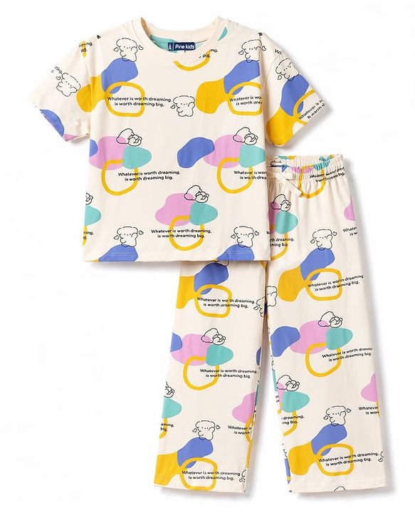Pine Kids Cotton Knit Half Sleeves T-Shirt & Pyjama Co Ords Night Suit Text Print - Yellow
