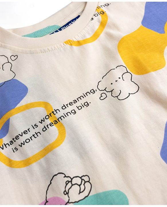 Pine Kids Cotton Knit Half Sleeves T-Shirt & Pyjama Co Ords Night Suit Text Print - Yellow