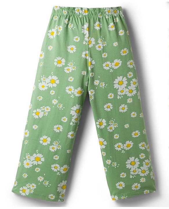 Pine Kids Cotton Knit Half Sleeves T-Shirt & Pyjama Co Ords Night Suit Floral Print - Green