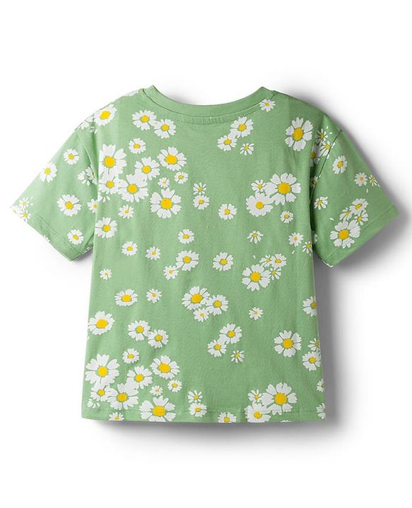 Pine Kids Cotton Knit Half Sleeves T-Shirt & Pyjama Co Ords Night Suit Floral Print - Green