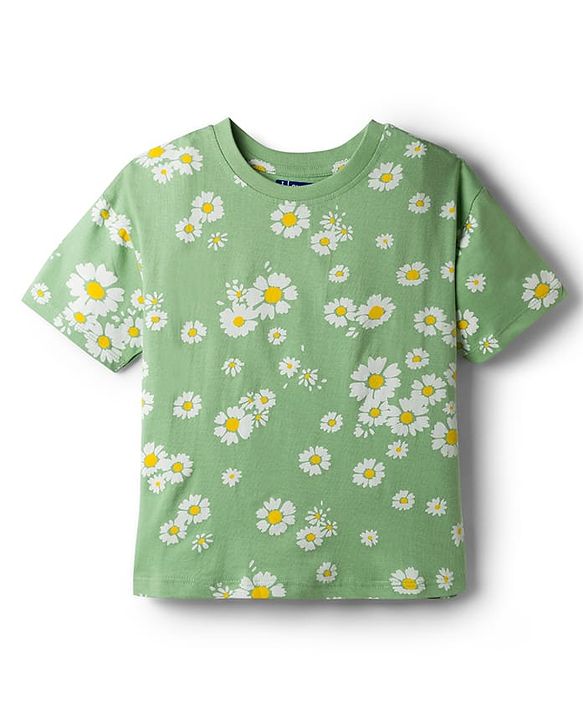 Pine Kids Cotton Knit Half Sleeves T-Shirt & Pyjama Co Ords Night Suit Floral Print - Green