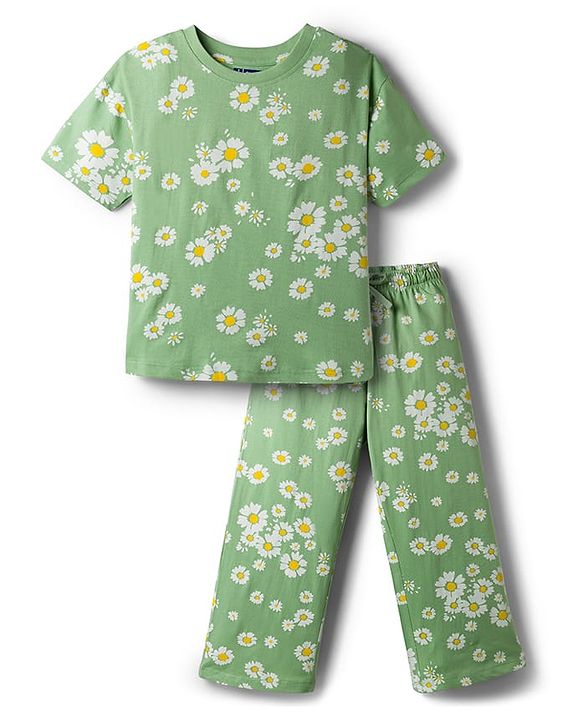 Pine Kids Cotton Knit Half Sleeves T-Shirt & Pyjama Co Ords Night Suit Floral Print - Green