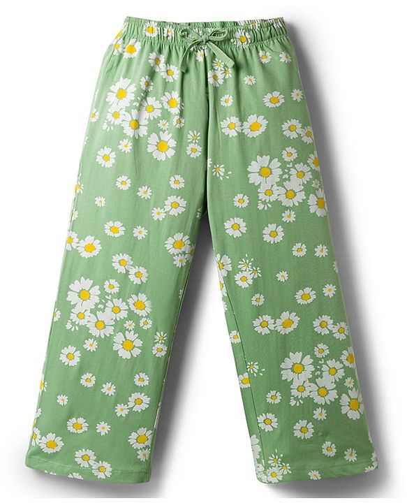 Pine Kids Cotton Knit Half Sleeves T-Shirt & Pyjama Co Ords Night Suit Floral Print - Green