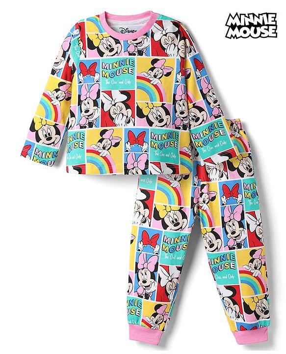 Babyhug Disney 100% Cotton Knit Full Sleeves Co-Ords T-Shirt & Pyjama Night Suit With Minnie Mouse Graphic - Multicolor