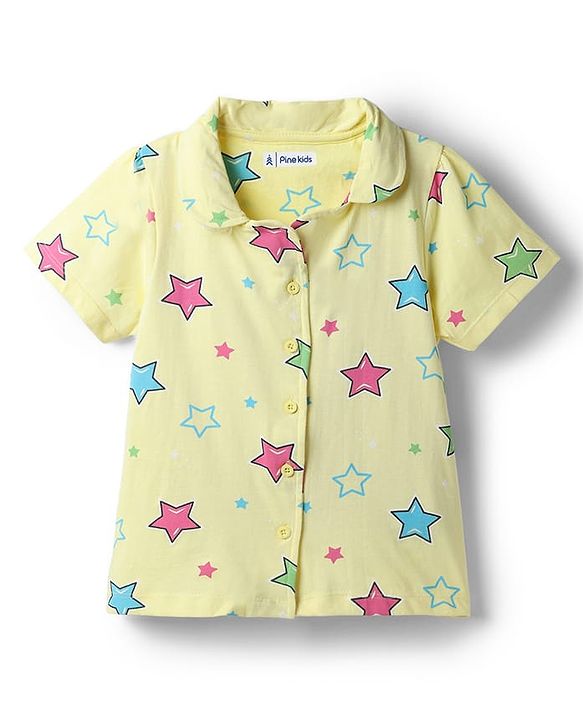 Pine Kids Cotton Knit Half Sleeves Shirt & Pyjama Co Ords Night Suit Star Print - Yellow