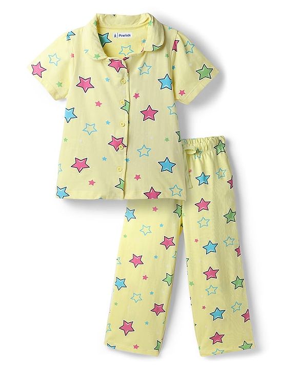 Pine Kids Cotton Knit Half Sleeves Shirt & Pyjama Co Ords Night Suit Star Print - Yellow