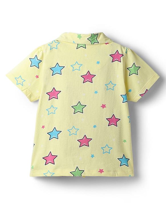 Pine Kids Cotton Knit Half Sleeves Shirt & Pyjama Co Ords Night Suit Star Print - Yellow