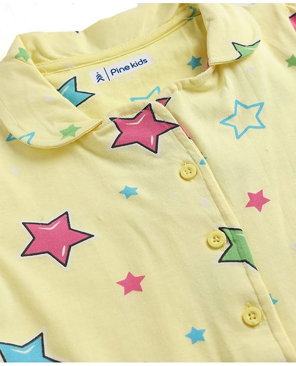 Pine Kids Cotton Knit Half Sleeves Shirt & Pyjama Co Ords Night Suit Star Print - Yellow