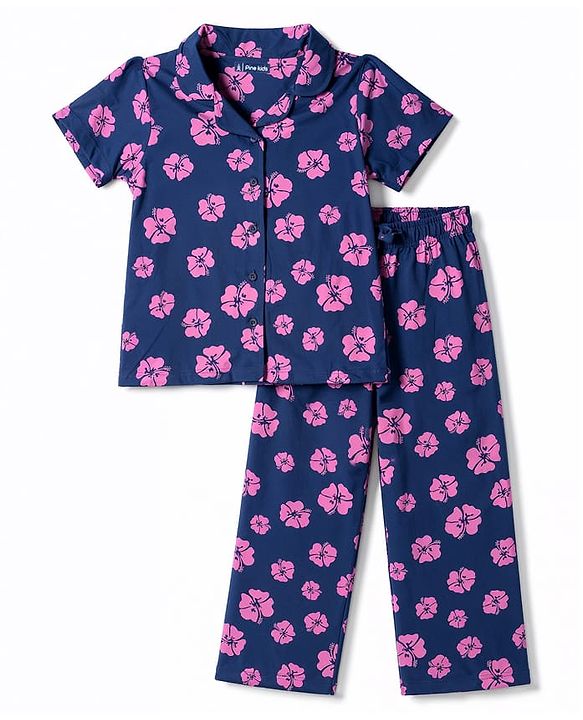 Pine Kids Cotton Knit Half Sleeves Co-Ords Shirt & Pajama Night Suit with Floral Print - Navy
