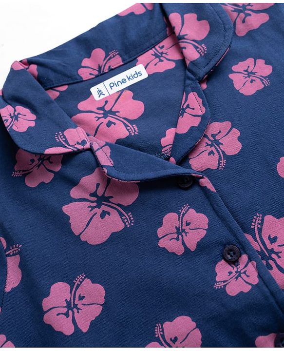 Pine Kids Cotton Knit Half Sleeves Co-Ords Shirt & Pajama Night Suit with Floral Print - Navy