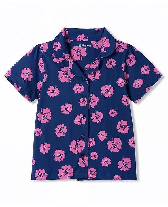 Pine Kids Cotton Knit Half Sleeves Co-Ords Shirt & Pajama Night Suit with Floral Print - Navy