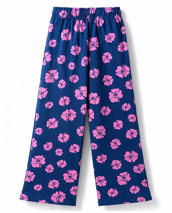 Pine Kids Cotton Knit Half Sleeves Co-Ords Shirt & Pajama Night Suit with Floral Print - Navy
