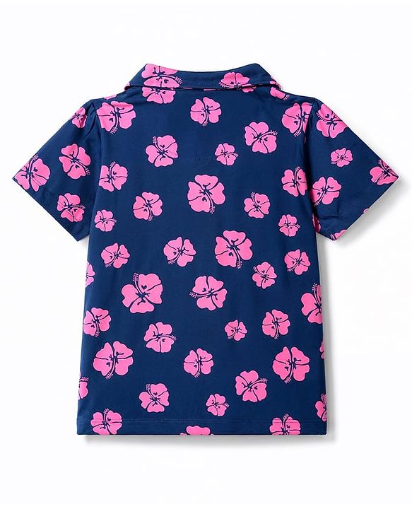 Pine Kids Cotton Knit Half Sleeves Co-Ords Shirt & Pajama Night Suit with Floral Print - Navy