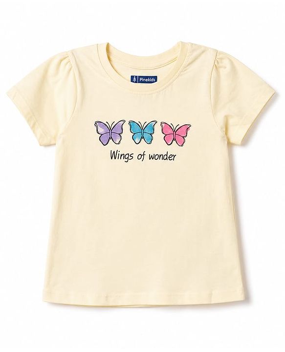 Pine Kids Cotton Knit Half Sleeves Butterfly Printed T-Shirt & Pajama Night Suit - Yellow