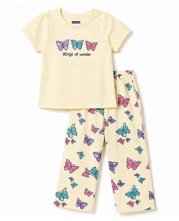 Pine Kids Cotton Knit Half Sleeves Butterfly Printed T-Shirt & Pajama Night Suit - Yellow