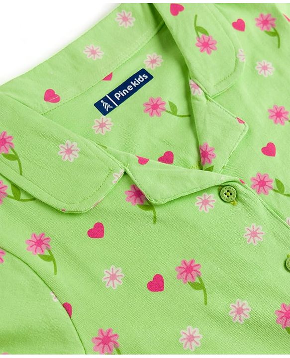 Pine Kids Cotton Knit Half Sleeves  Co-ord Shirt & Pyjama Night Suit with Floral Print - Light Green