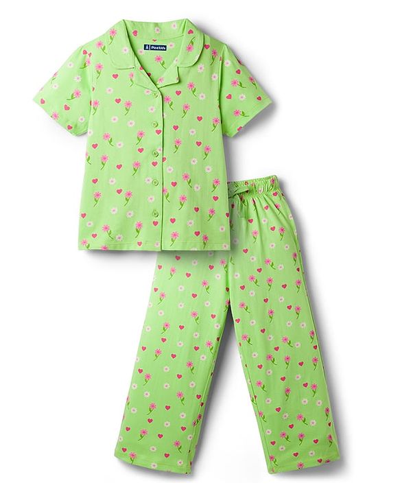 Pine Kids Cotton Knit Half Sleeves  Co-ord Shirt & Pyjama Night Suit with Floral Print - Light Green