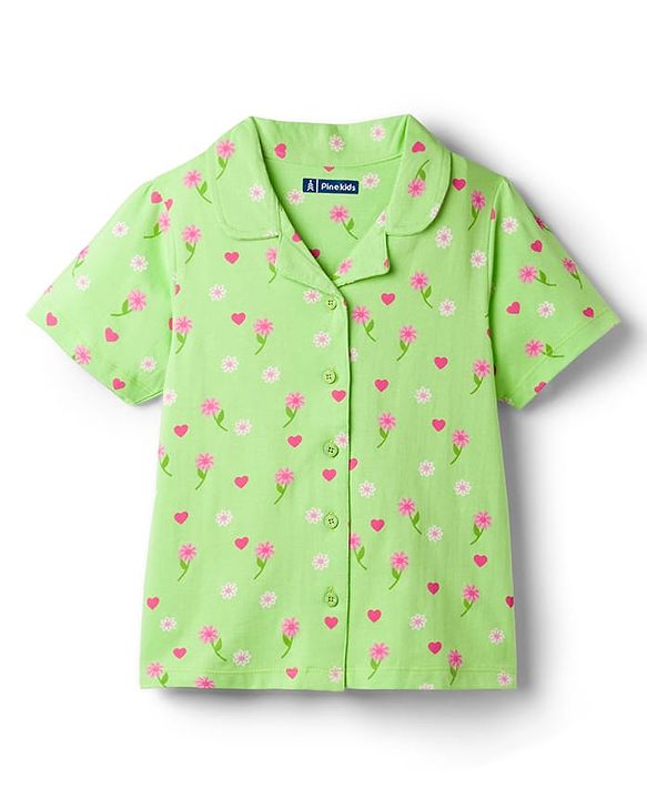 Pine Kids Cotton Knit Half Sleeves  Co-ord Shirt & Pyjama Night Suit with Floral Print - Light Green